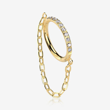 Implant Grade Titanium Golden Brilliant Sparkle Rim Chained Clicker Hoop Ring-Clear Gem